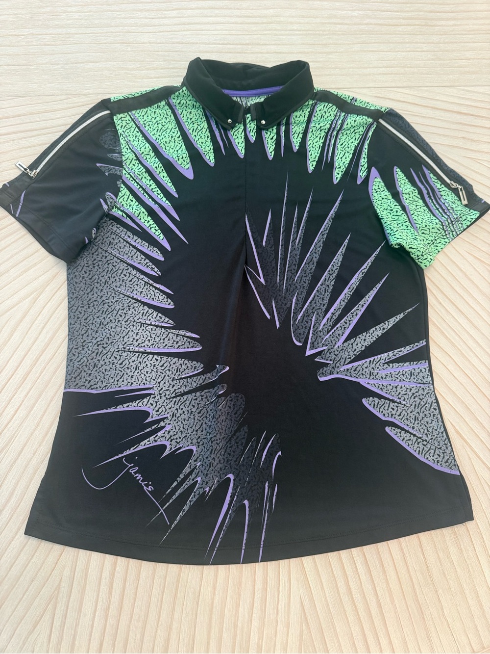 jamie sadock Black Short Sleeve Tee with Green and Purple Graphic golf M